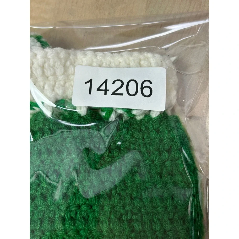 Handmade Green‎ Crochet Christmas Stocking Snowman Green White Trim Pom Poms